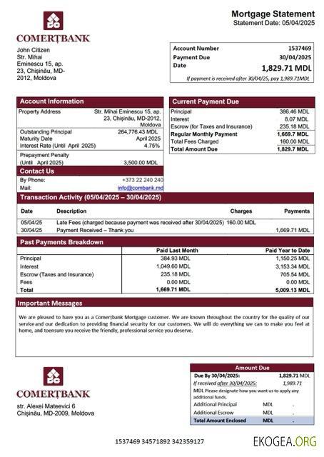 Modèle Word et PDF de relevé hypothécaire de la Comerțbank de Moldavie